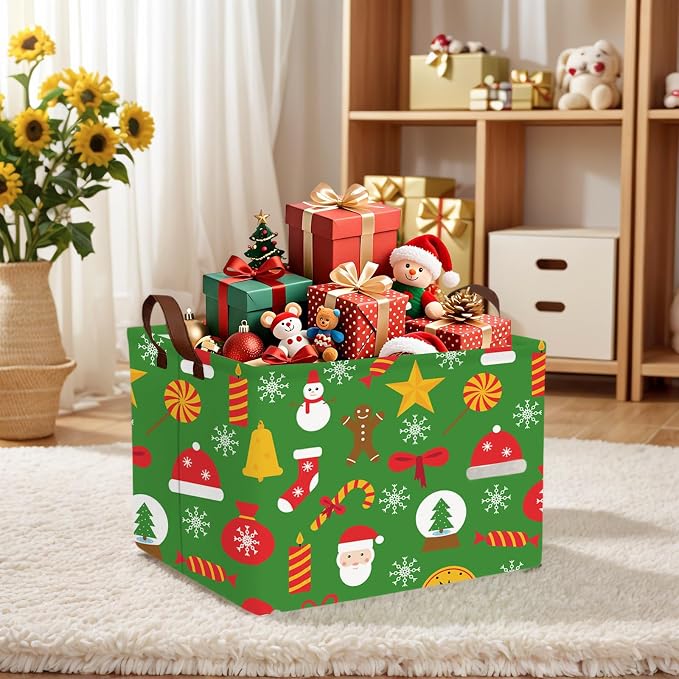 Empty Large Christmas Basket for Gifts Women Collapsible Storage Bin Kids Toy Box Holiday Décor (Snowflake Green)