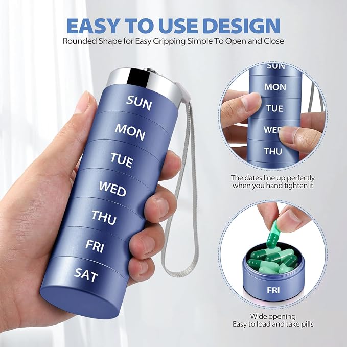 Metal Weekly Pill Organizer, Large Travel Pill Box, Weekly Pill Case | OUVBTX Aluminum Alloy Waterproof Container, 7 Day Daily Medicine Organizer for Vitamin, Fish Oil, Supplement, Dark Blue