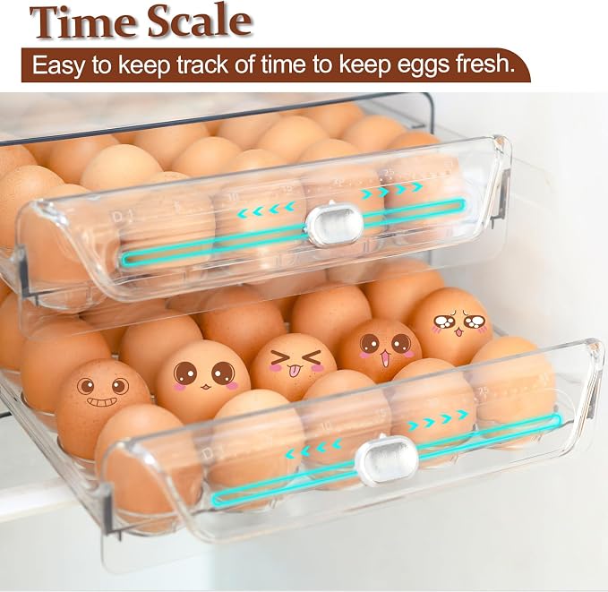 Egg Holder for Refrigerator,60 Eggs Clear Drawer Organizer | 2 Layer Stackable Egg Holder Egg Trays,Egg Storage Container with Time Scale for Fridge Countertop Cabinet