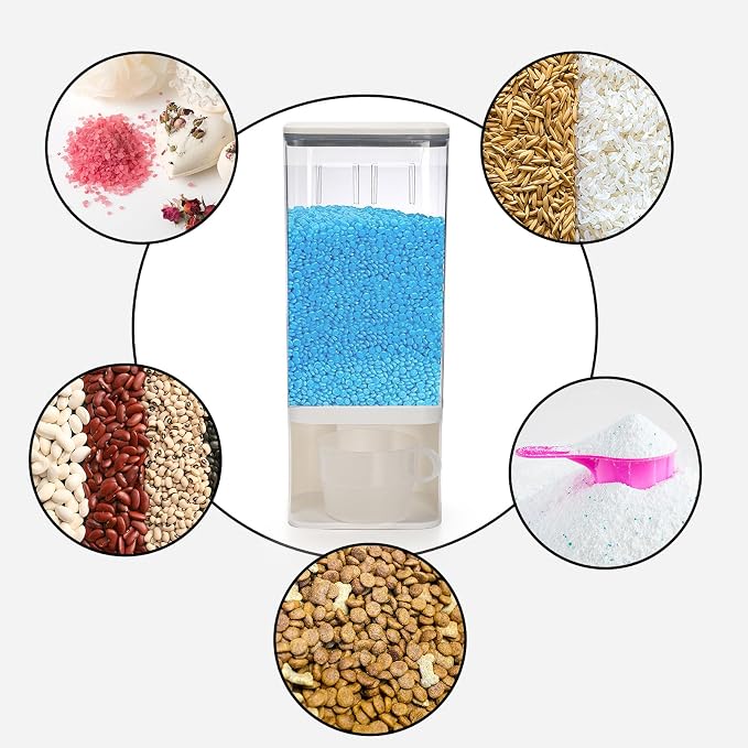 AVLA Rice Dispenser, Wall-Mounted Laundry Detergent Container, Cereal Dry Food Storage Bucket with Measuring Cup, Kitchen Grain Organizer with Lid, BPA-Free, for Beans, Laundry Scent Bead, Pet Food