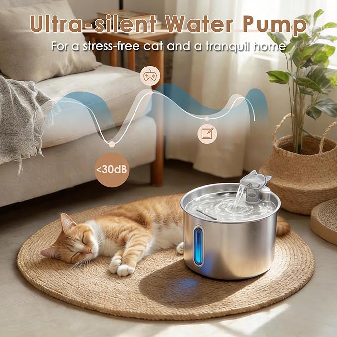 Stainless Steel Cat Water Fountain, 74oz/2.2L Automatic Pet Water Dispenser with 3 Filters & 2 Water Outlets, Quiet Indoor Drinking Fountain for Cats Small Dogs, Water Level Window