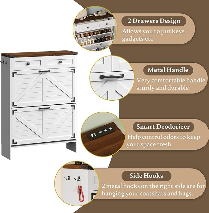 BORNOON Shoe Cabinet with Odor Control Deodorizer and Back Panel, Farmhouse Narrow Shoe Storage Cabinet Rack for Entryway with 2 Flip Drawers and 2 Top Drawers, Adjustable Shelves, Side Hooks
