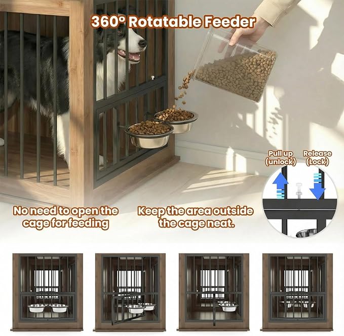 71'' Double Dog Crate Furniture with Storage Drawer, Large Dog Kennel Indoor with Charging Station, TV Stand, Entryway Table, Pet Crate for Large Dogs (Dark Brown)
