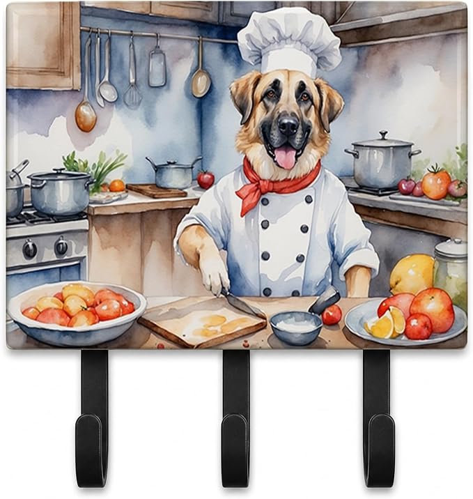 Caroline's Treasures Anatolian Shepherd The Chef Leash or Key Holder Wall Hooks, Key Hooks Holder, Coat Rack Wall Mount, Coat Hooks, Hooks for Hanging Keys, Towels, Aprons, Leashes | Anatolian Shepherd The Chef artwork on ceramic tile with three steel ...