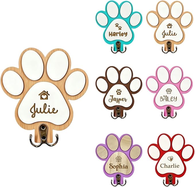 Custom Dog Leash Holder with Name, Personalized Wooden Key Rack and Pet Collar Hanger for Wall, Rustic Farmhouse Entryway Organizer, Dog Lover Gift(Natural)