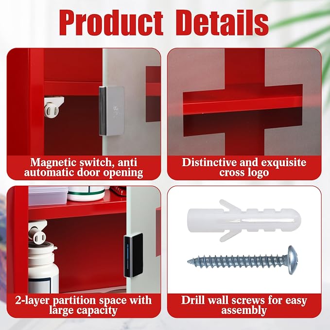 Timgle First Aid Wall Cabinet with Lock Medicine Wall Mounted Bathroom Storage Hanging Medical Cabinet with Safety Glass Door for Bathroom(2 Shelves,Red)