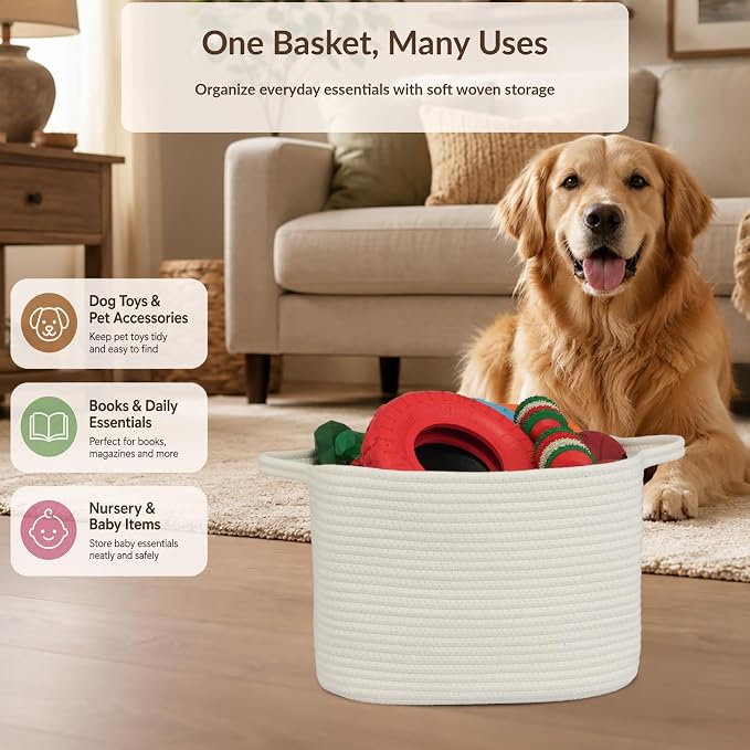 XUANGUO Woven Cotton Rope Storage Basket with Handles 13x10x9 inch White | 13" x 10" x 9" woven cotton rope basket for shelves and closets. Perfect for toys, books, towels, clothes and nursery storage
