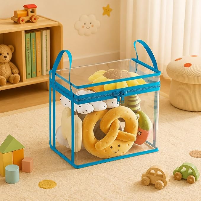 Fenteer Toy Storage Box Plush Toy Holder Stuffed Animal Organizer Clear PVC Display Bin with Secure Zipper Handle Dust Protection Easy Handling Suitable for L, L 38cmx24cmx32cm