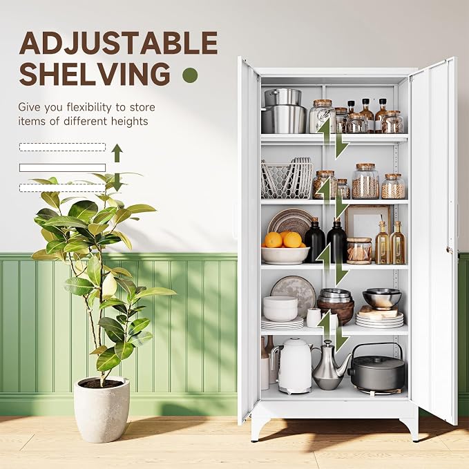 71" H Metal Storage Cabinet with 2 Doors and 4 Shelves,Tall Kitchen Pantry Cabinets,Utility Pantry Organizers for Cupboard/Dining/Bathroom/Home Office/Garage, Steel Tool Cabinets