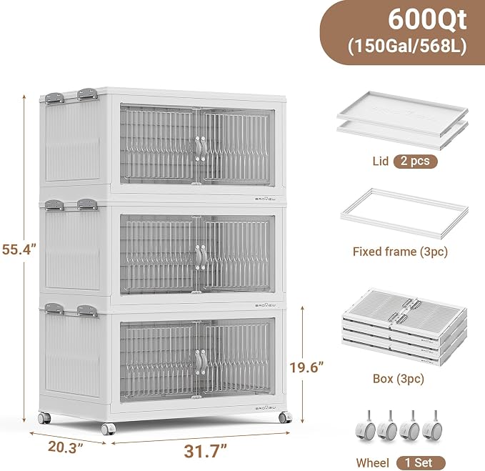 BROVIEW 600Qt Stackable Storage Bins with Lid for Home Dorm, 3Pack White | Closet Organizers, Foldable & Collapsible Cabinets, Large Containers, Wheels & Magnetic Doors, Plastic Drawers for School