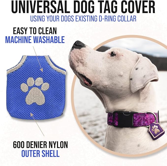 Woofhoof Dog Tag Silencer, Blue Pawprint - Quiet Noisy Pet Tags - Fits Up to Four Pet IDs - Dog Tag Cover Protects Metal Pets IDs, Made of Durable Nylon, Universal Fit, Machine Washable