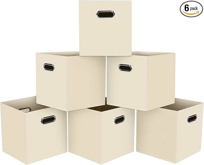 Black Foldable Storage Cubes Bins, Fabric Storage Box Cubes Organizer Baskets with Dual Handles for Home Organizer,Set of 6,(Creamy-White)