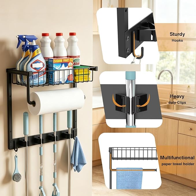 Broom Holder Wall Mount with Paper Towel Holder& Removable Anti-fall Basket | Broom and Mop Organizer Wall Mount Cleaning Supplies Organizer for Laundry Room, Apartment, Utility Room