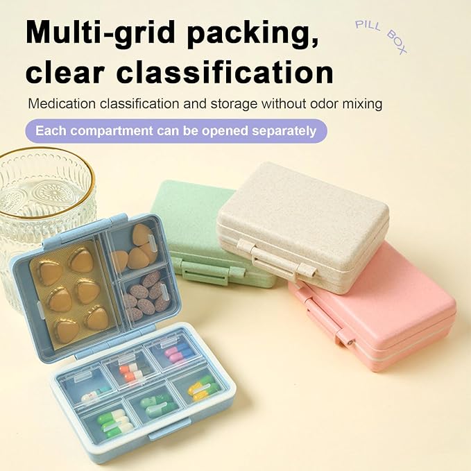 Portable Travel Pill Organizer, 9 Compartments Personal Pill Case | Made from Wheat-Straw Fiber, Daily Small Vitamin Box Dispenser for Pocket Purse, to Hold DHA Supplements Fish Oils, Green