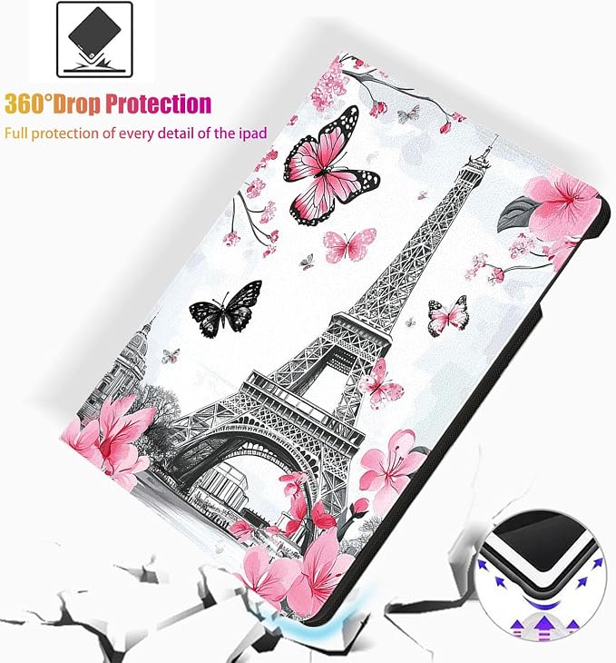 for Microsoft Surface Pro X/Pro X Plus-13 2019/2020/2021/2024 Tablet Case,Auto Wake/Sleep,Adjustable Stand Protective Cover - Eiffel Tower Sakura Butterfly