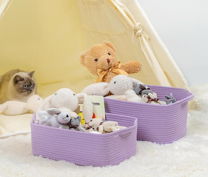 CubesLand Cube Storage Organizer Basket Bin, Cotton Rope Shelves Basket | Durable Woven Rectangular Shelf Basket for Organizing, Nursery Toys Basket, Purple Basket