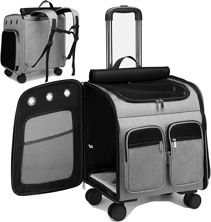Wheeled Pet Carrier Backpack Pet Stroller, Travel Carrier, Car Seat for Small Dogs Cats Puppies, Comfort Cat Backpack Removable Rolling Wheels – Mesh Ventilation Windows (Large Grey)