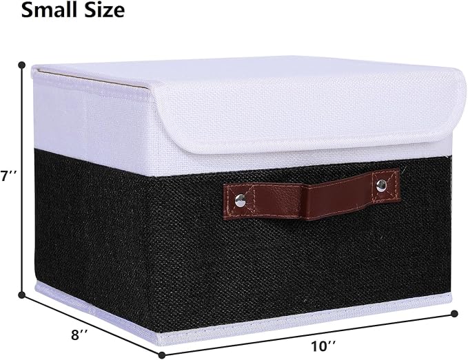 ANMINY Fabric Storage Box Bins with Lids, Black White, 10"x8"x7", 4 Pack | Keepsake Memory Storage, Cotton Linen, PP Board Reinforced, Washable, PU Handles, Foldable & Stackable, Decorative, Small