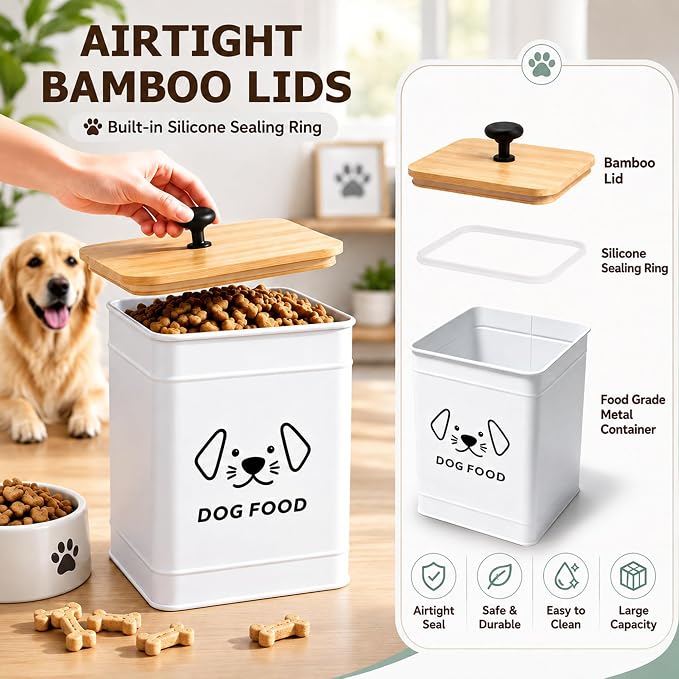Dog Food Storage Container 25 Cups Airtight Metal Canister with Bamboo Lid | 5-7 lb Capacity, Pet-proof Lid Design, Durable Metal Body, Square Wide Opening, Pet Food Canister Dog Cookie Jar, White
