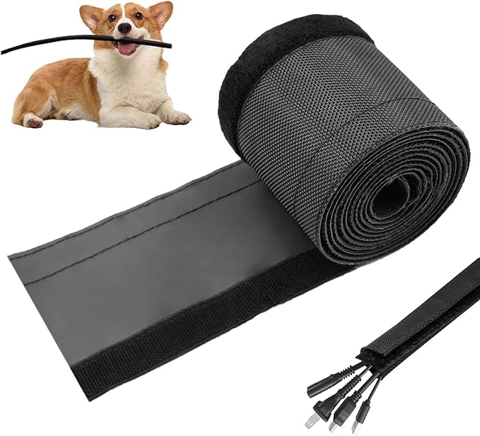 3/4" - 6.6 Ft Dog/Cat Cord Protector, Hook and Loop Cable Sleeve | Cable management sleeve; Reversible, flexible & cuttable; Split wire wrap for TV, USB, audio, computer and automotive; Black