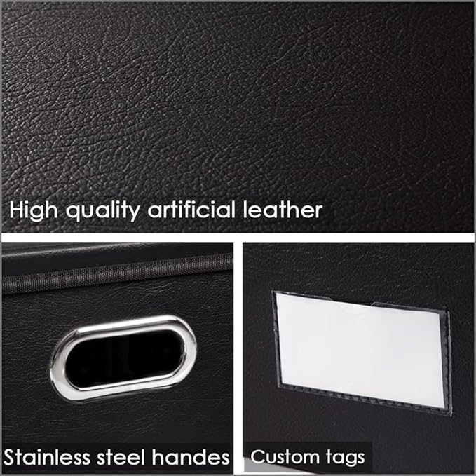 Collapsible Storage Box with Lid [3-Pack] Leather Fabric Foldable Storage Bin Organizer Container Basket Cube with Cover for Home Bedroom Closet Office Nursery Black(22.8X15.7X11.8)