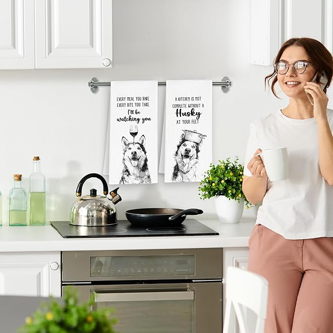 Funny Dog Husky Kitchen Towels Set of 2, Cute Dish Towel Gifts for Dog Lovers Mom Christmas, Every Meal You Bake Hand Towels Decor for Bathroom, Rustic Tea Bar Towel for Dining Room 16x24in