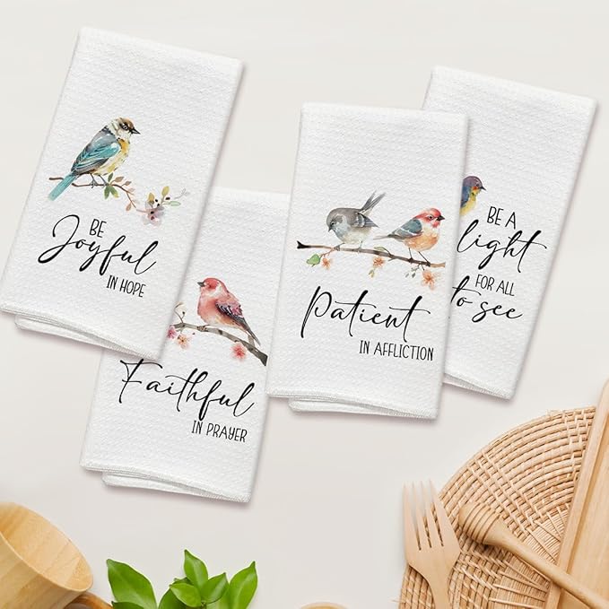 Christian Birds Kitchen Towels and Dishcloths Set of 4, Faithful in Prayer Decorative Hand Towel Drying Cloth for Bathroom Baking, Housewarming Gift for Hostess, Women, 16x24 Inches -03