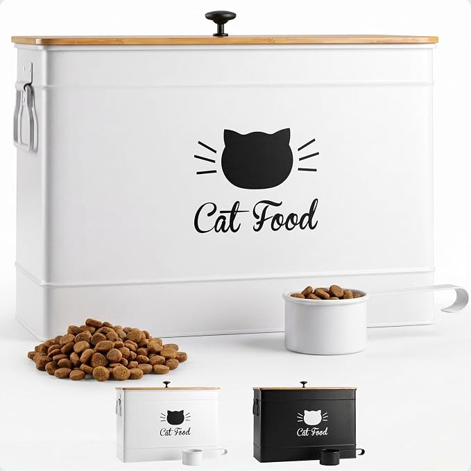 Metal Cat Food Container with Scoop, 15lb (50 Cup) w/ Airtight Bamboo Lid | 15 lb / 50 Cup Capacity, 1 Cup Metal Scoop, Durable Powder Coated Iron Body, Rubber Lined Bamboo Lid, Sturdy Metal Handles