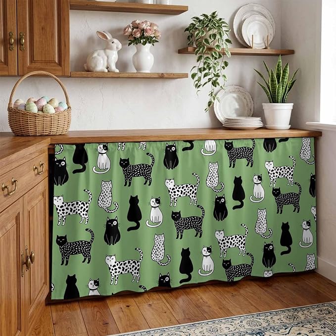 Cat Animal Cabinet Curtain 32"Wx55"L,Dustproof Pantry Door Curtain with Self Adhesive Tape,Sage Green Earthy Tone Vintage Pet Modern Tall Storage Cover Privacy Drape for Bathroom Kitchen Laundry Room