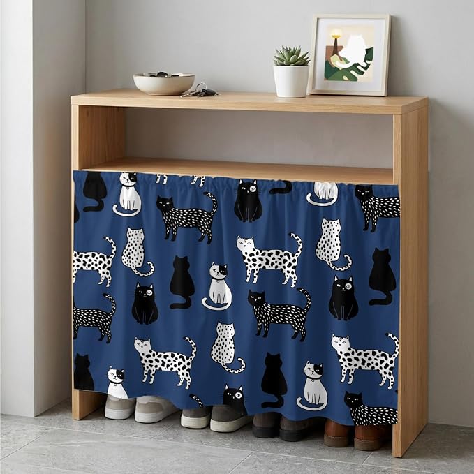 Cat Animal Cabinet Curtain 35"Wx35"L, Dustproof Under Sink Skirt with Self Adhesive Tape, Navy Blue Earthy Tone Vintage Pet Modern Cabinet Curtain Cover for Kitchen Sink, Bathroom Vanity, Laundry Room