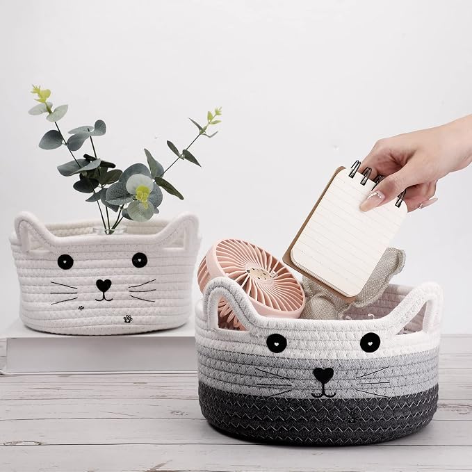 Zopeal Cat Woven Gift Basket Storage,8.3 x 4.7 Inch,Dark Gradient | Cute Cotton Rope Organizer with Handles for Toy Box, Nursery Decor, Decorative Bin, Pet Supplies Holder, Desk Storage