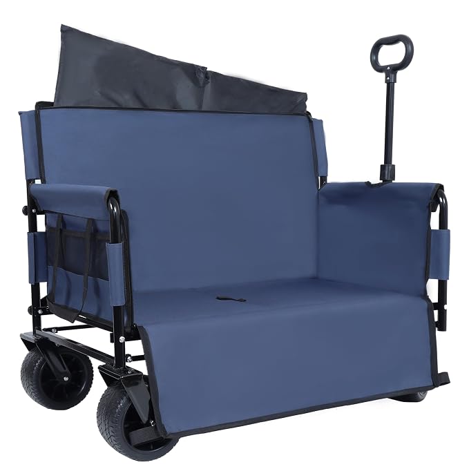 3-in-1 Pet Wagon Stroller with Bench Seat & Storage – Portable Travel Carrier for Dogs & Cats, 500Lbs Heavy-Duty Foldable Cart with All-Terrain Wheels for Camping, Park & Outdoor Use (Blue)