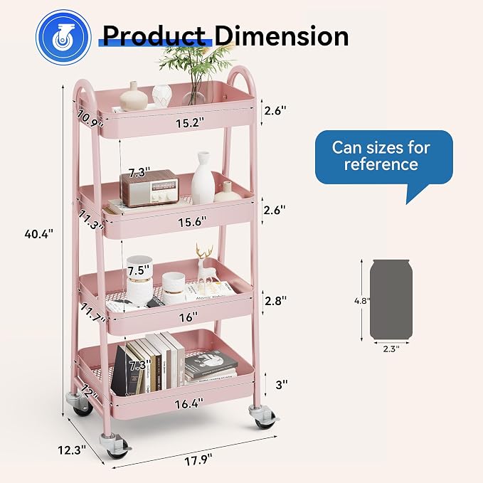 OLIXIS Metal 4 Tiers Rolling Storage Utility Cart with Lockable Wheels | Mobile Organizer Shelf, Space-Saving, Freestanding, Bathroom, Living Room, Slim, Narrow Corner Spaces, Pink
