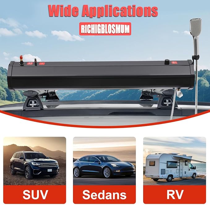 4.8-7.9Gal Portable Roof Rack Water Tank – Sun-Powered Pressurized Shower for Overlanding, Pet Washing, Gear Cleaning & Vehicle Water Storage – Includes 5.58ft Hose & Carry Bag,7.9Gal/30L