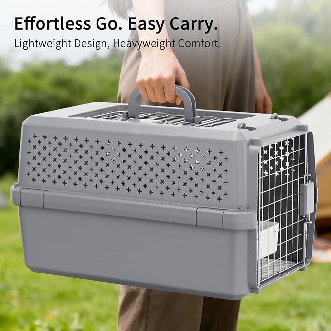 Hard-Sided Pet Carrier: Portable Travel Crate for Medium Pets | Secure Metal Locking Door / 360° Ventilation Panels / Spacious for Medium Pets / Top Carry Handle / Lightweight Durable Shell