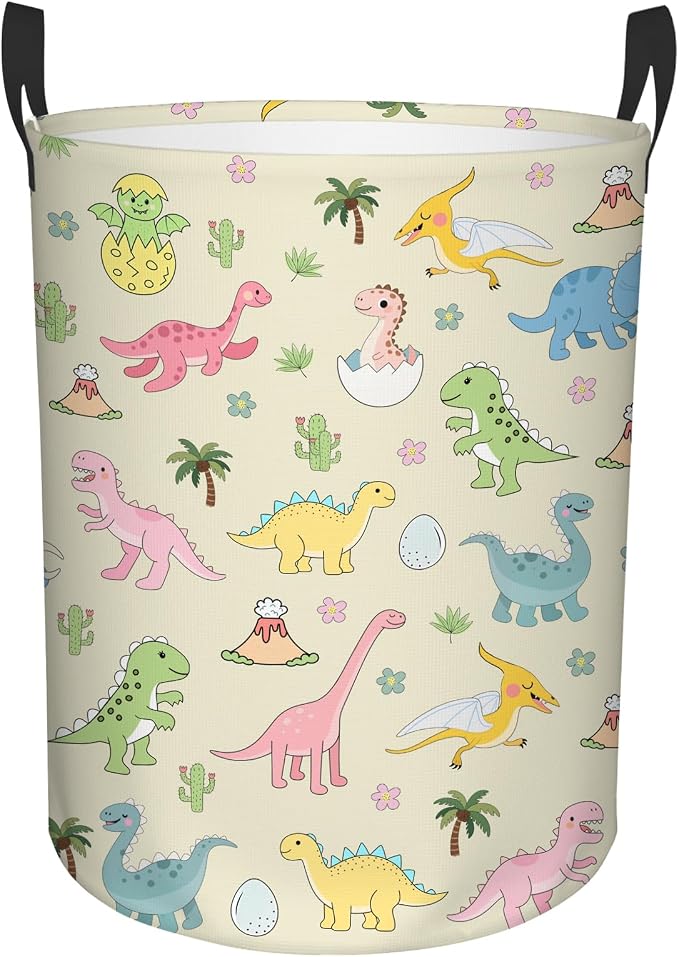 Dinosaur Laundry Hamper, Waterproof Laundry Basket for Bedroom, Baby Round Collapsible Nursery Hamper Storage Bin with Handles for Toys, Storage Basket for Boy Girls Boys, Room Decor, 13.8x17.7 in
