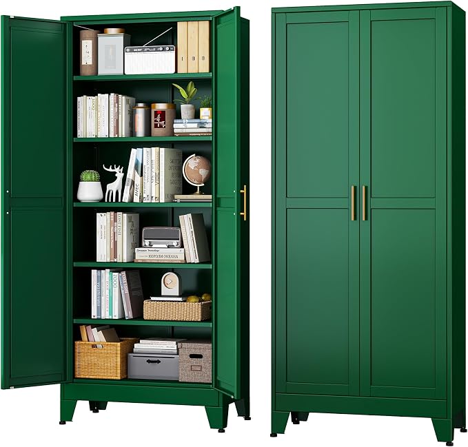 Green Metal Storage Cabinet,75" Steel Cabinets for Home Office | Kitchen Pantry Storage Cabinet with Doors and 5 Adjustable Shelves, Tool Cabinets, for Office, Home, Garage, School