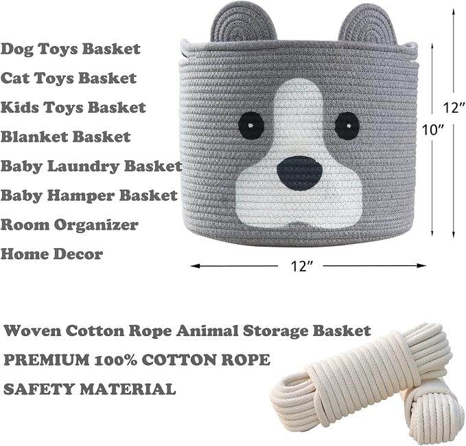 Medium Dog Woven Baskets with Handle, Dog Toy Hamper, Cotton Rope Dog Toy Storage Baskets for Pet, Animal Basket for Kids, Baby Gift Baskets for Dog Lovers, Grey