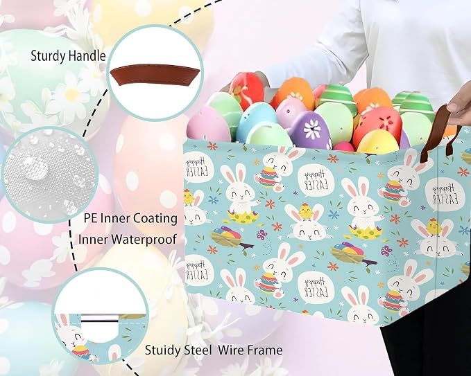 Large Rectangular Easter Baskets Empty Waterproof Boy Toy Box Foldable Kid's Gifts Storage Bin Spring Room Decor(Flower Rabbit Holding Egg)
