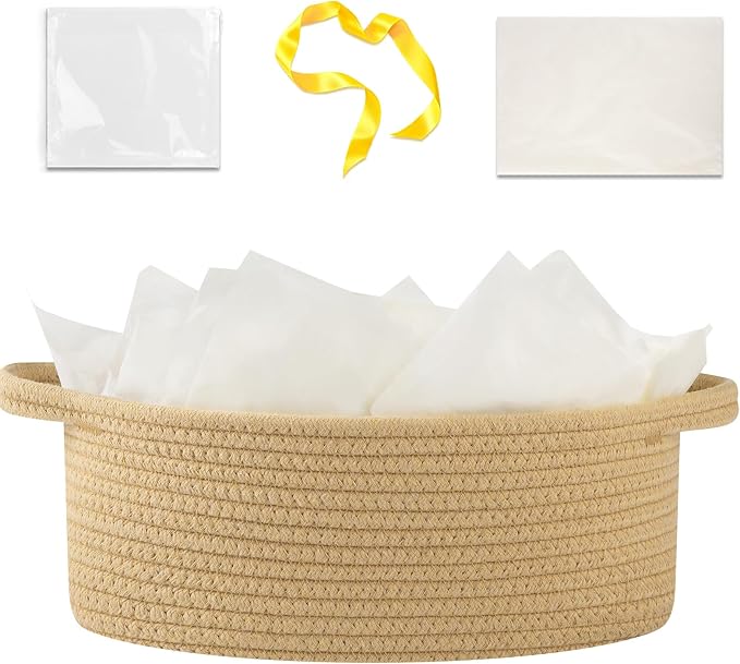 OIAHOMY Gift Basket with Handle, Small Woven Basket with Gift Bag, Ribbon and Wrap Tissue Paper, Nursery Bins Empty to Fill with Small Items, Baby, Pet Toy Organizer - Yellow