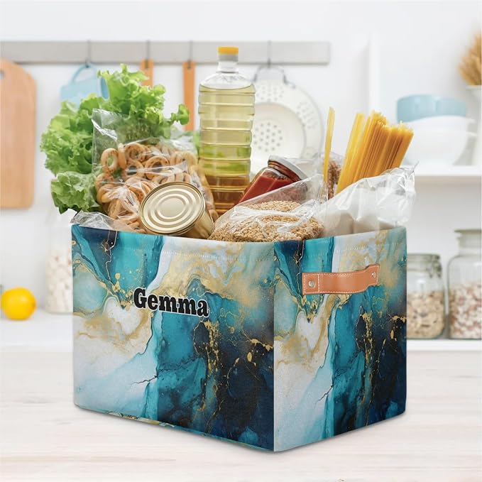 Personalized Storage Bins, Customized Name Storage Basket Rectangle Clothes Organizer for Organizing Kids and Pets Toys Shelf Closet, Blue Cream Marble Texture