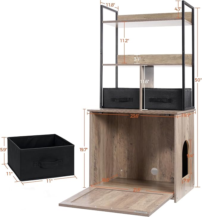 Dwanton Cat Litter Box Enclosure, 2 Storage Shelves and 2 Drawers, 50" H | 2-in-1 Hidden Cat Litter Box Enclosure Furniture with Shelf, Metal Frame, Reversible Entrance, Washable Drawers, Greige