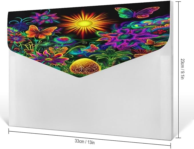 Reusable Trippy Colorful Flowers Butterfly Floral Clear File Folders with Snap Button, Letter Size, Documents Folder for Home Necessities