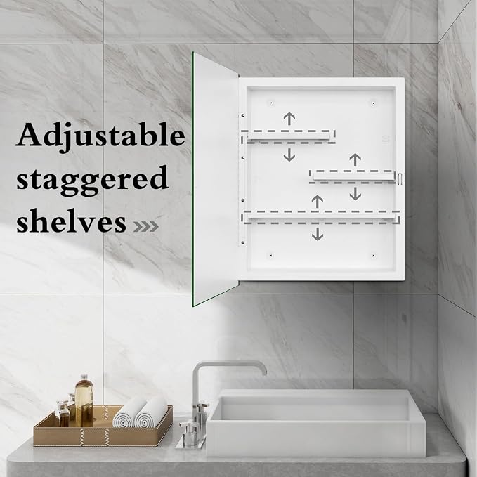 White Metal Medicine Cabinet, 16 x 20 Beveled Mirror, Surface Mount Storage | Beveled Mirror Bathroom Cabinet with Adjustable Staggered Shelves, Piano Hinge, Left/Right Swing & Matte White Powder Coating