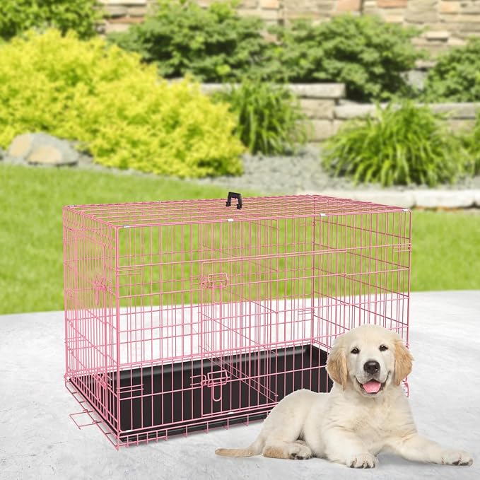BestPet | Dog Crate | 24" | Pink | Foldable Metal Kennel with Double Doors | Secure Slide-Bolt Latches, Leakproof Tray | Portable Dog Cage for Small Breeds | for Travel, Indoor & Outdoor Use