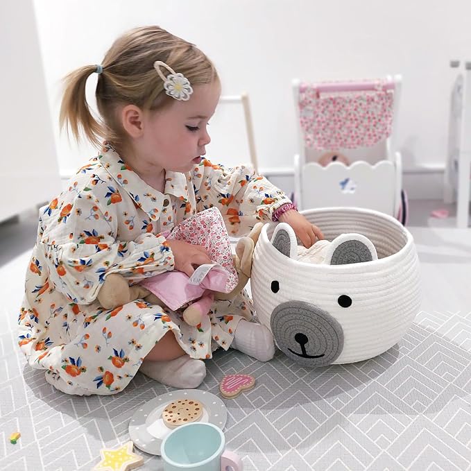 CherryNow Baby Basket for Gifts Empty, Cute Bear Design, Light Grey | 10.5" x 8.5" Woven Rope Baby Shower Basket, Fits Living Room Nursery Décor, Small Gift Baskets Empey for Kids