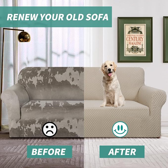 YEMYHOM Couch Cover Latest Jacquard Design High Stretch Sofa Covers for 3 Cushion Couch, Pet Dog Cat Proof Slipcover Non Slip Magic Elastic Furniture Protector (Sofa, Khaki)