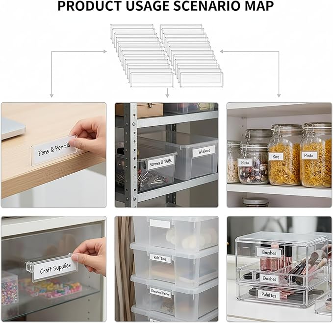 Adhesive Shelf Tag Label Holders Clear, Label for Storage Bins, 60pcs | Clear Drawers Label with Index, Card Pockets for File, Cabinet, Supermarket, Bookshelf, Mailbox, Kitchen, 1x4.1'
