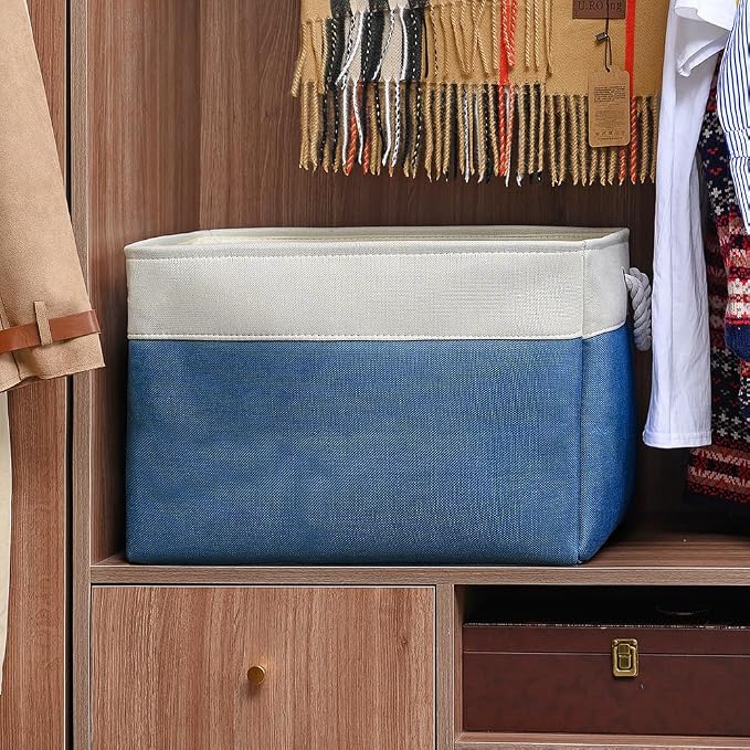 Organization and Storage Basket for Shelves - Jumbo 3 Pack 20x16x14 inch Collapsible Storage Bins for Organizing, Canves Storage Cubes for Gift Organizer Toys Closet (White & Jean Blue)
