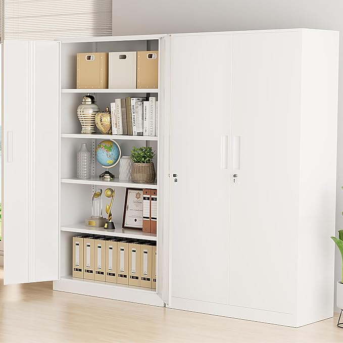 Greenvelly White Metal Storage Cabinet, 72" Locking Storage Cabinets with Doors and 4 Shelves, Tall Tool Storage Cabinet for Garage, Steel Lockable File Cabinet Metal Locker for Home Office, Classroom